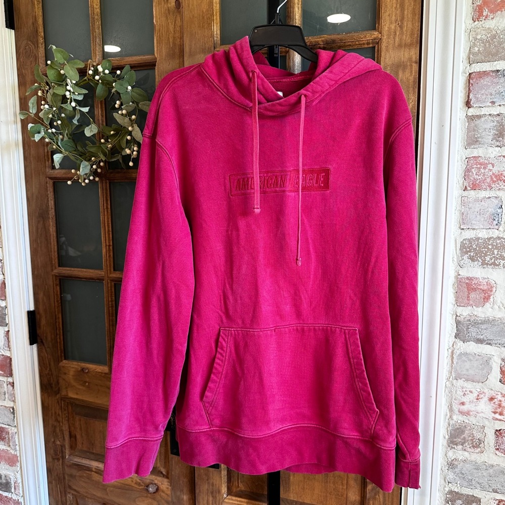 American Eagle Hoodie Men Red Embroidered Logo Box Graphic Pullover Gorpcore XL